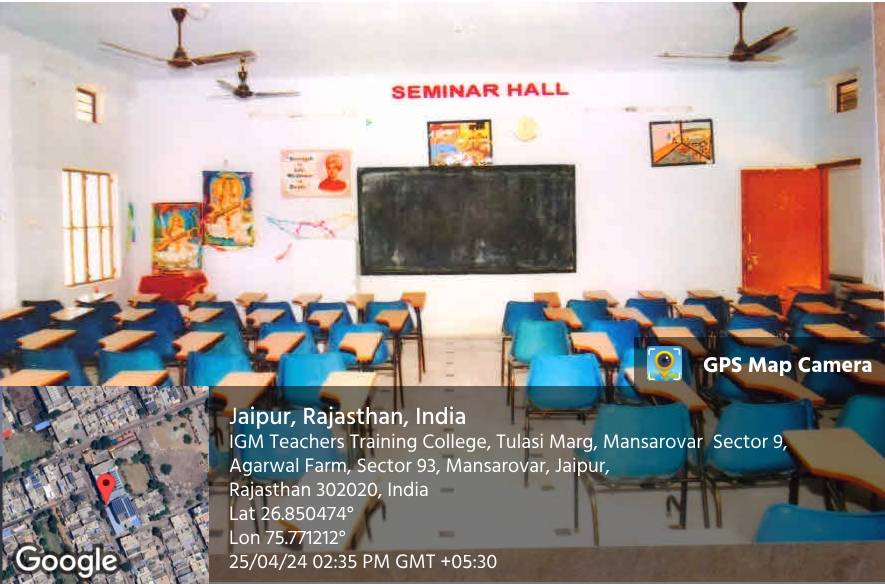 The seminar hall with rows of seats facing the blackboard
